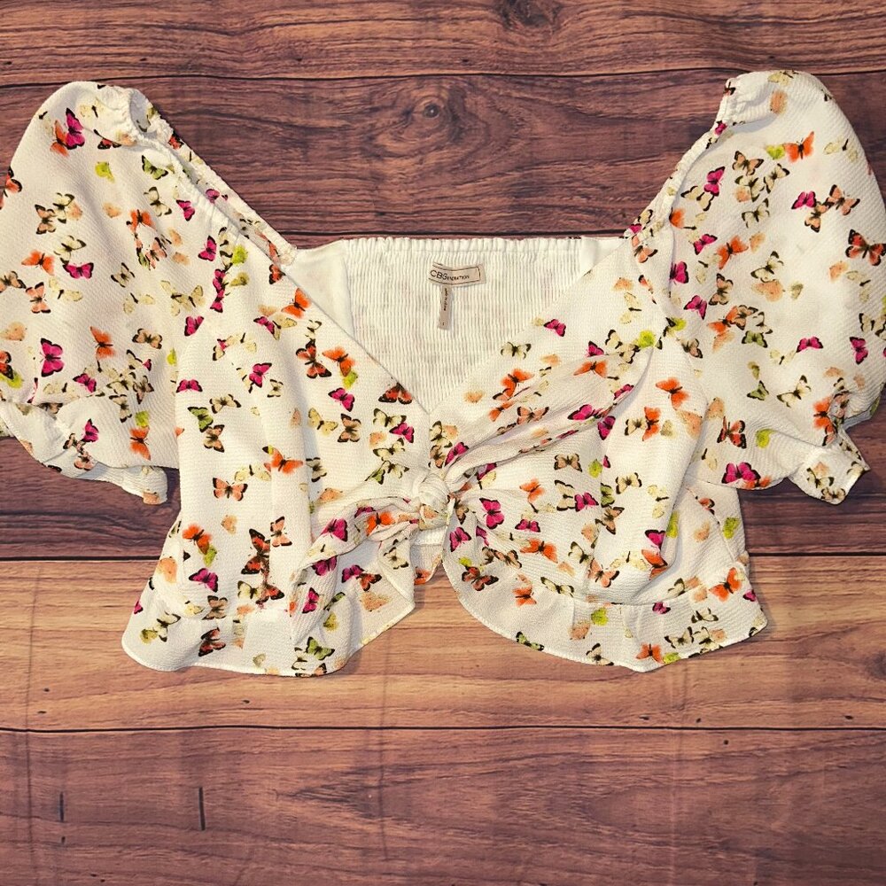BCBG Generation Butterfly Print Crop Top - L - Puff Sleeve, Ruched Detail - Picture 4 of 11